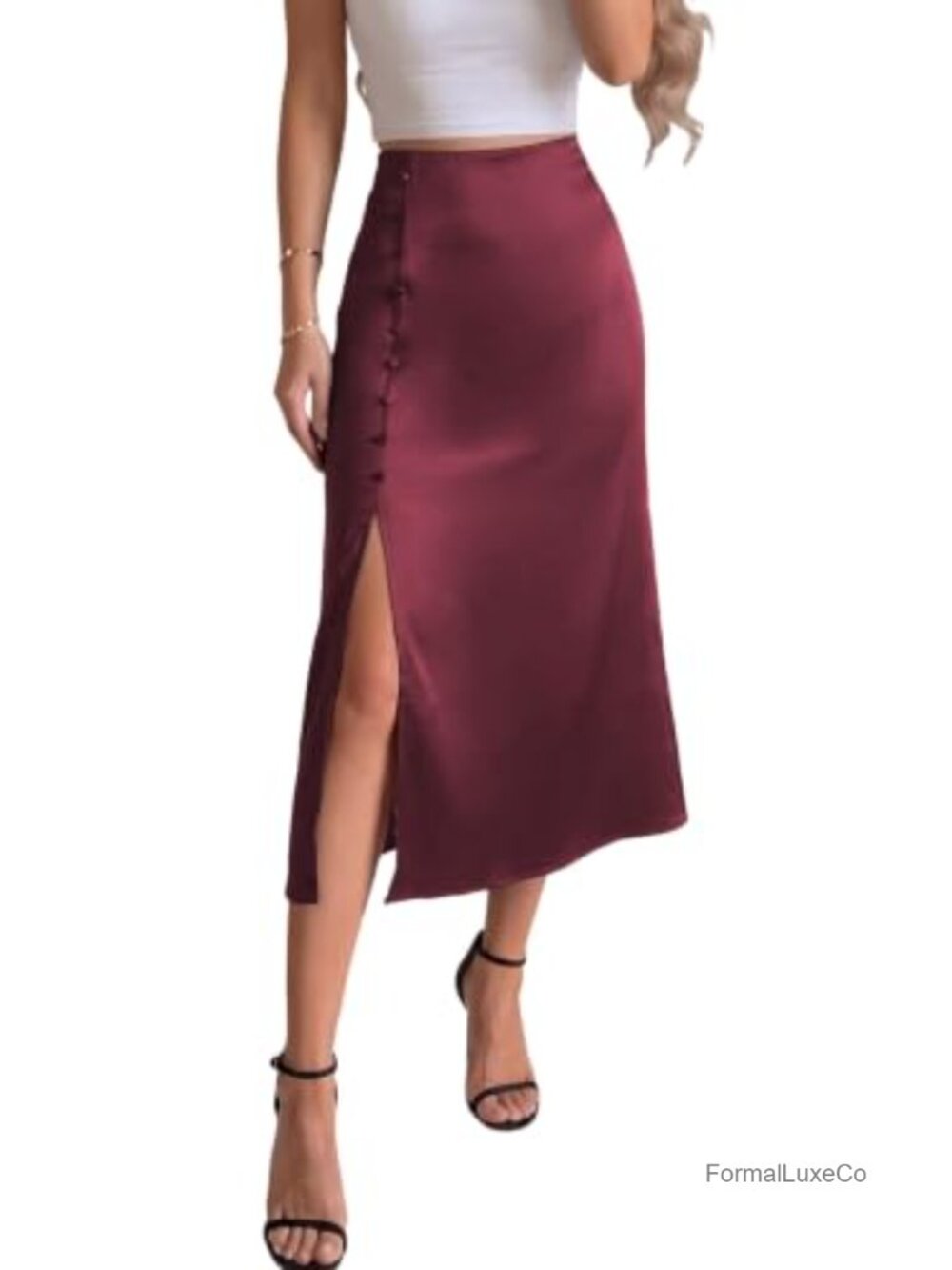 Satin Silk High Waist A-Line Flowy Midi Skirt Side Slit Women's